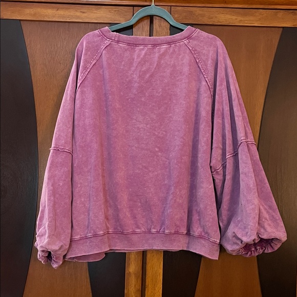 Fuchsia Acid Washed Oversized Sweatshirt w/ Pieced Balloon Sleeves, Raw Seams - Picture 6 of 8
